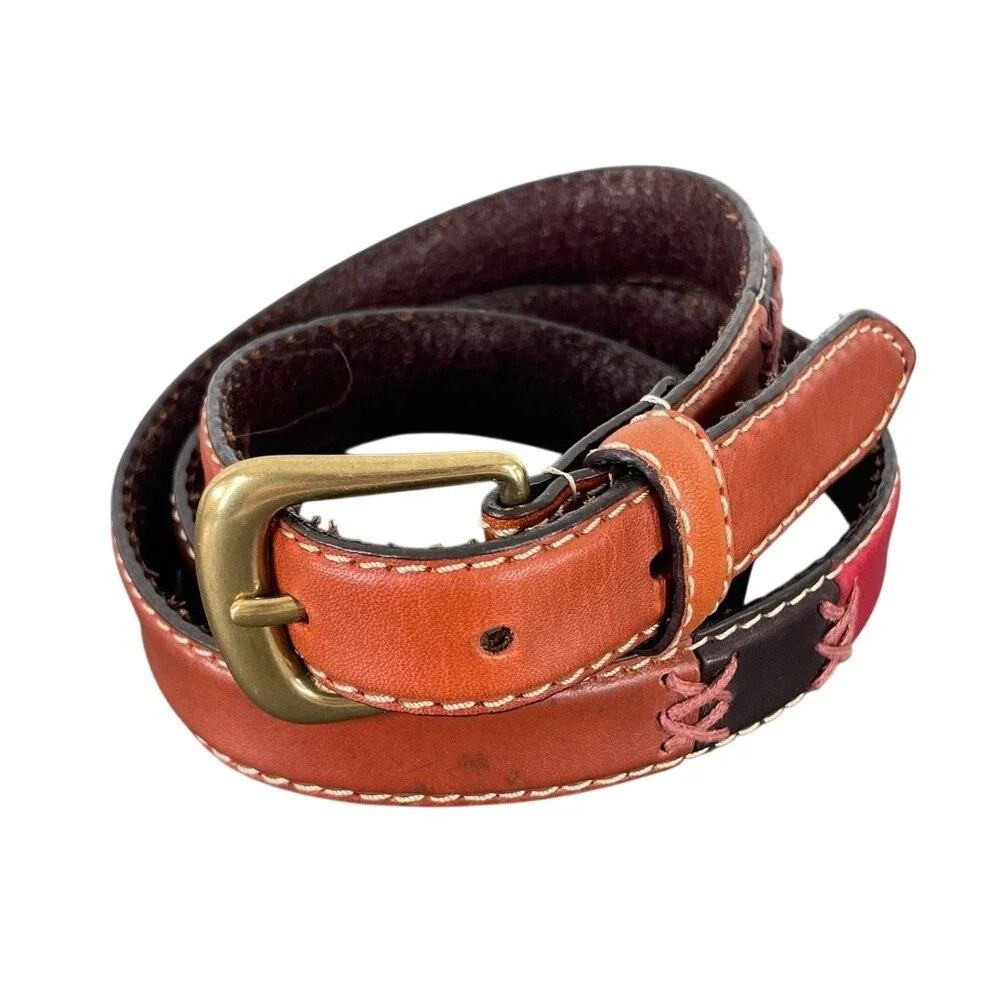 Relic Womens XL Patchwork Genuine Leather Belt‎ Multi Color Brass Buckle Boho